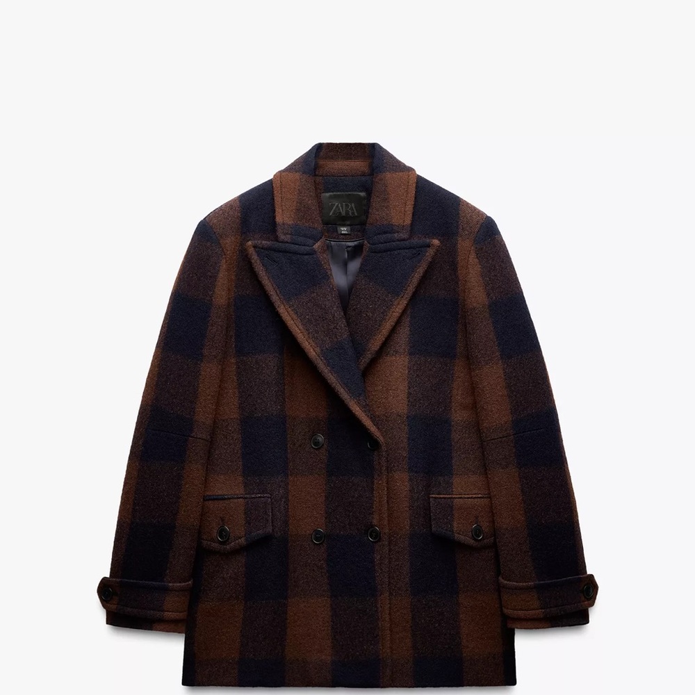 Zara Women's Checkered Pea Coat in Brown and Black